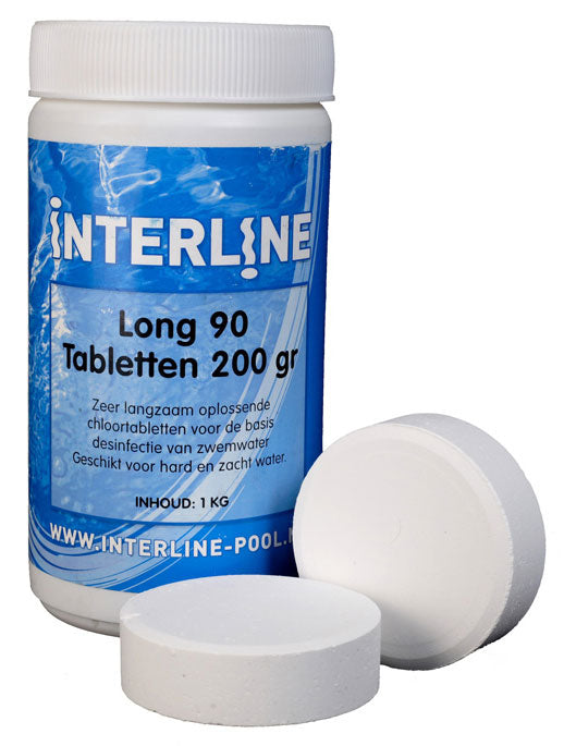 Interline Chloortabletten - Long90 200gram/1kg,Snel oplosbaar.,Beschermt tegen bacteriën en algen. ,Geschikt voor zwembaden vanaf 25.000 liter