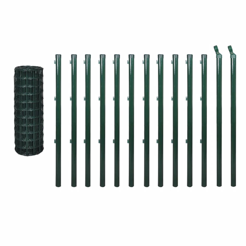 Kleur: groen Materiaal: staaldraad, PVC-coating Lengte hek: 25 m Hoogte hek: 1,2 m Afmetingen gaas: 100 x 100 mm (L x B) Diameter draad: 1,8/2,2 mm (1,8 mm staaldraad, 2,2 mm met PVC-coating) Diameter paal: 34 mm Levering bevat: 1 x hek met PVC-coating 11 x paal, 1,7 m 2 x steunpaal, 1,7 m