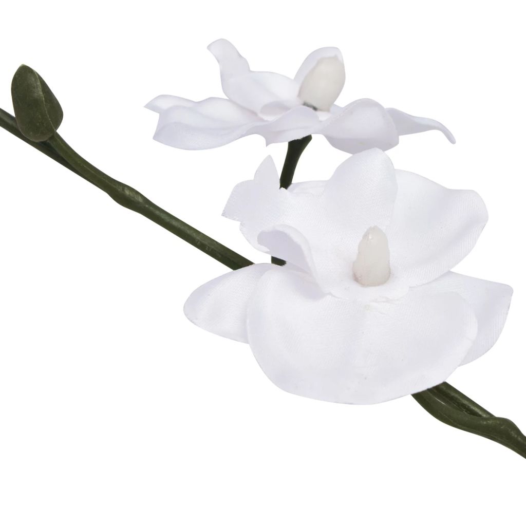 Plantensoort: orchidee Kleur bloemen: wit Materiaal bloemen: stof Materiaal bladeren: kunststof Materiaal takken en twijgjes: kunststof en ijzerdraad Totale hoogte: 30 cm Aantal bladeren: 4 Aantal bloemen: 9 Inclusief een kunststof pot: (6,5 - 9,5) x 9 cm (ø x H) Materiaal: Polyester: 100%