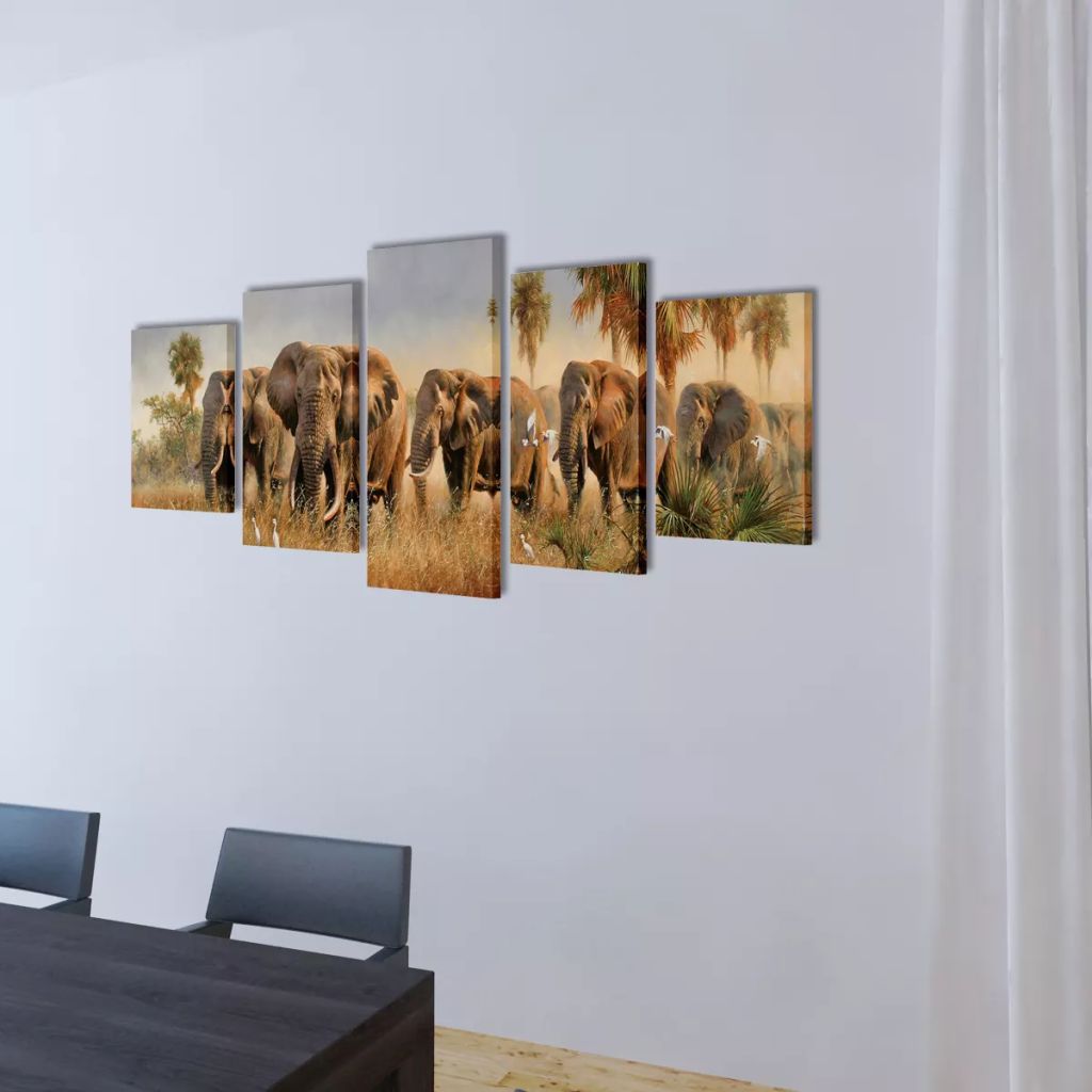 Canvasdoeken bestaande uit 5 panelen Materiaal: houten frame + waterbestendig canvas Totale afmetingen: 100 x 50 cm (B x H) Afmetingen van iedere canvas: 20 x 50 cm (een), 20 x 40 cm (twee), 20 x 30 cm (twee) Diepte: 1,8 cm Eenvoudig op te hangen