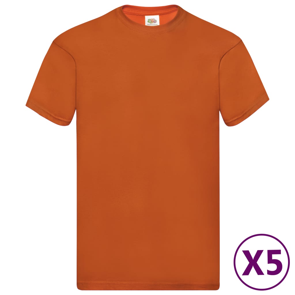Kleur: oranje Materiaal: 100% katoen Maat: XL Stofgewicht: 145 g/m² Korte mouwen Ronde hals Pasvorm: regular (normale pasvorm) Perfect om zelf te bedrukken Let op: de genoemde maat is de maat van het kledingstuk zelf. Levering bevat: 5 x T-shirt